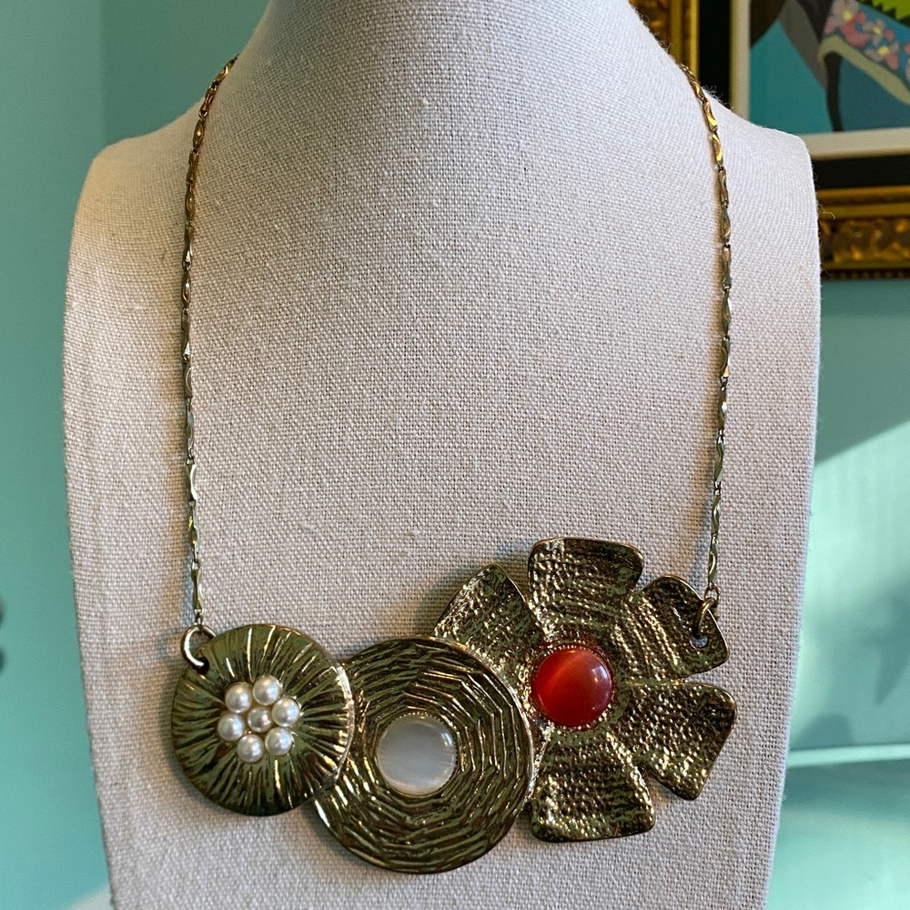 Gold Statement Necklace with Red and Pearl Accents
